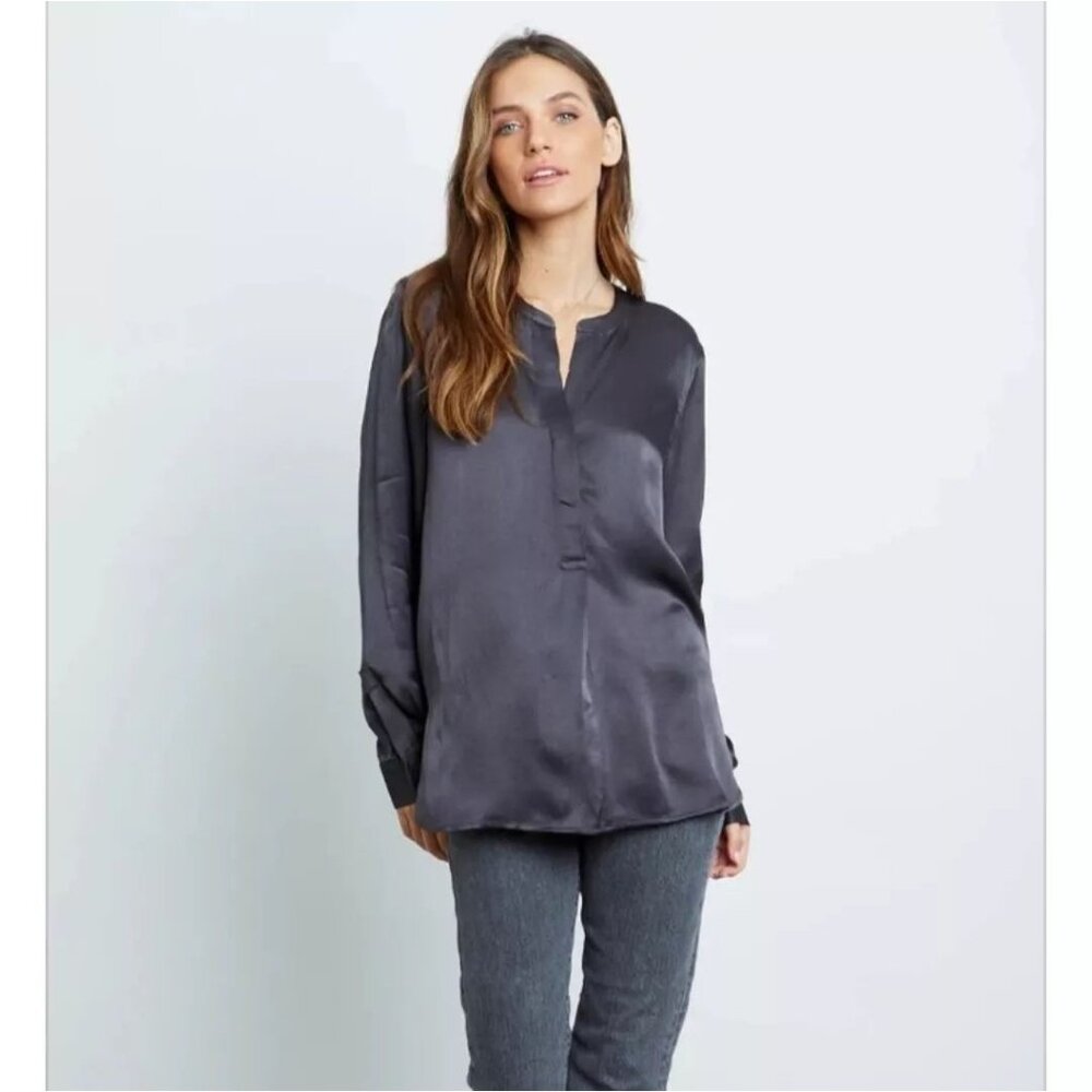 Rails Large Grey Satin Blouse Reiss Mandarin Collar Popover Office Minimalist